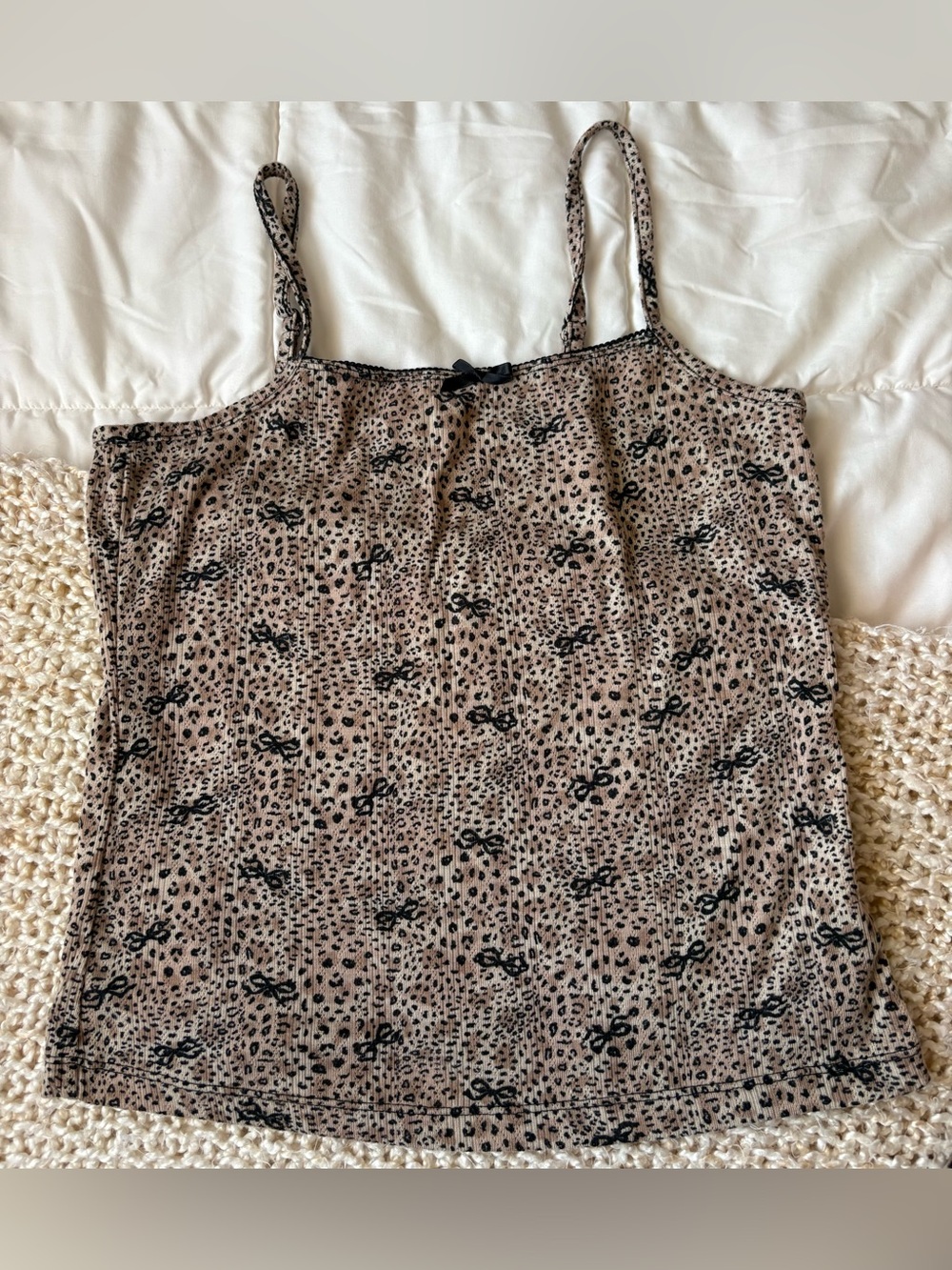 Women’s Beige Leopard Print with Black Bow Pajama Set